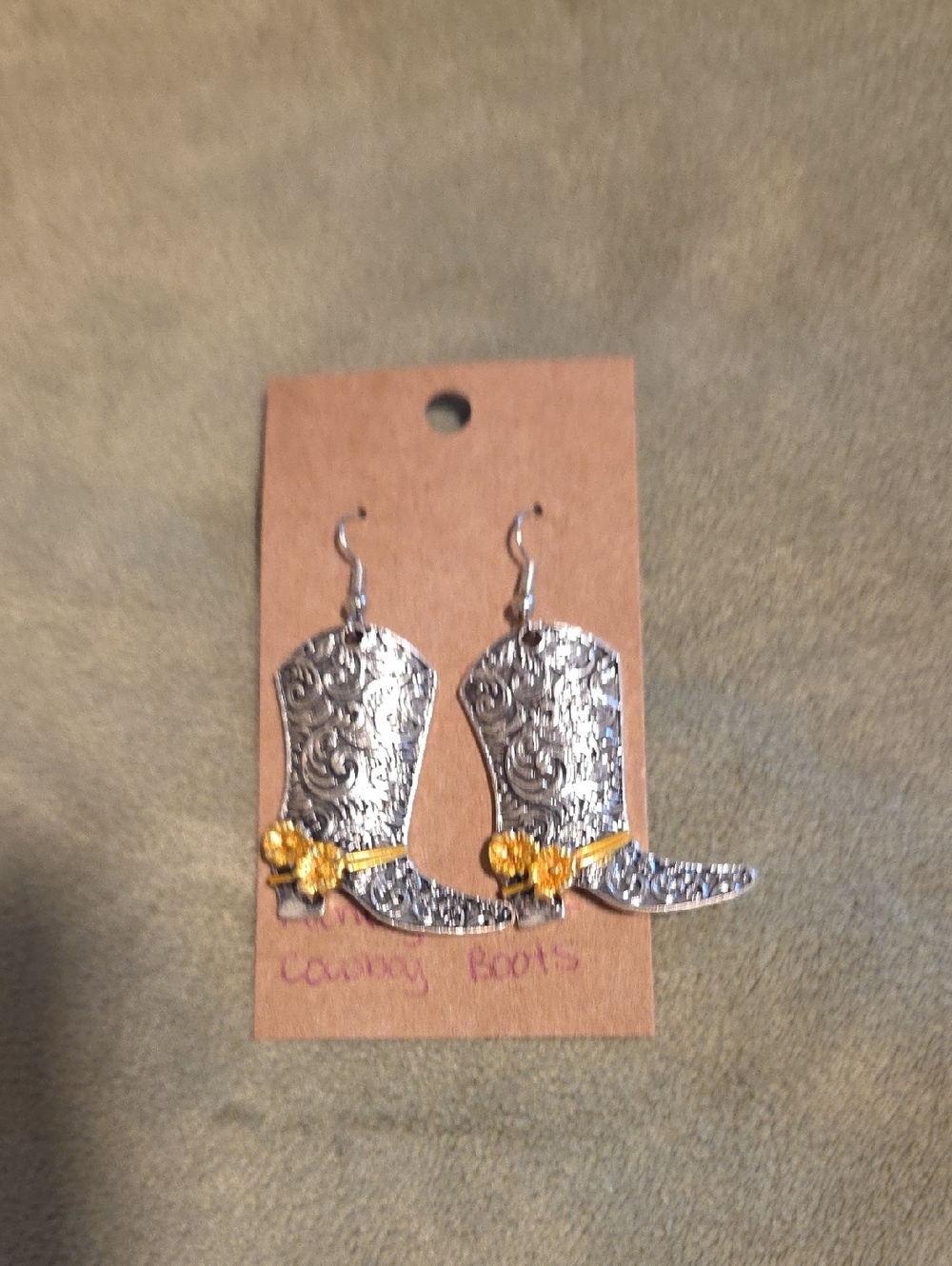 Fancy Silver Cowboy Boot Dangle Earrings with Gold Flower Accent